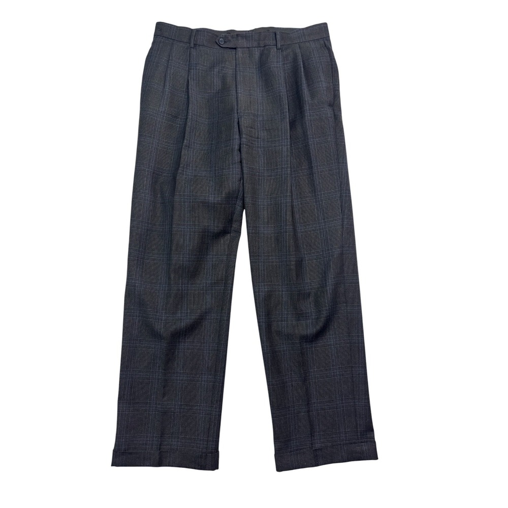 Jos A Bank 34x32 Navy Blue Plaid Pants Trousers Flannel Wool Pleated Cuffed